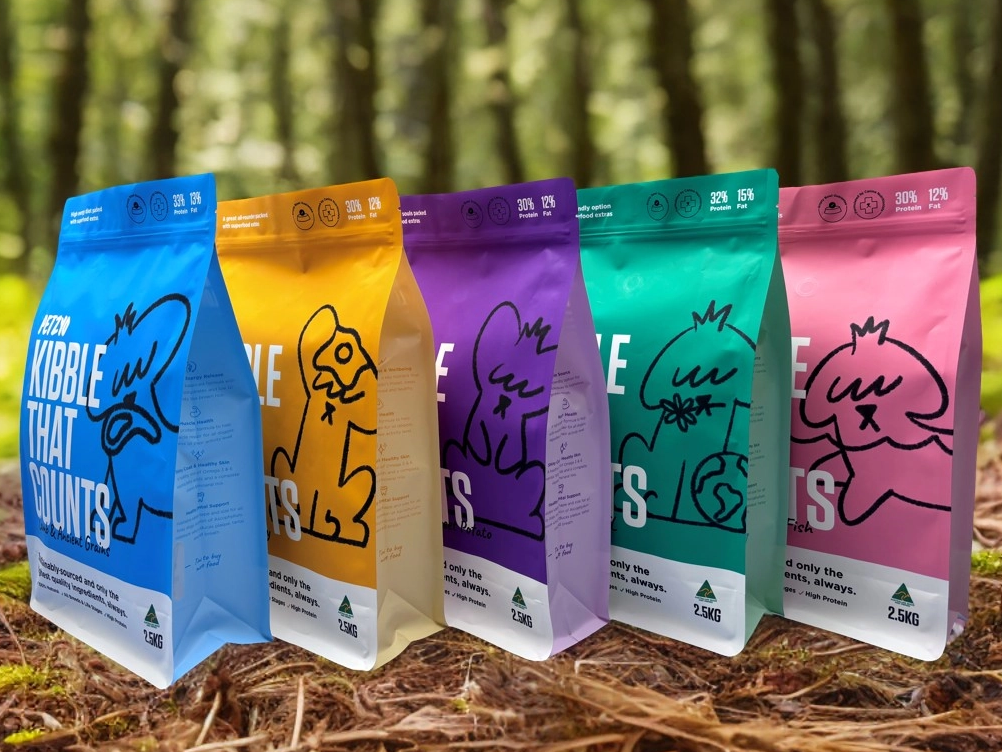 Bolsas de fondo plano coloridas para envases de comida para mascotas