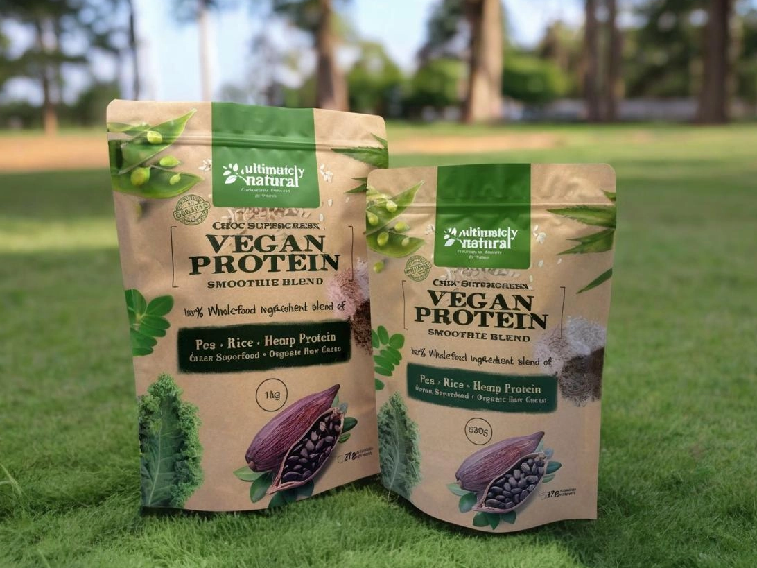 Bolsas veganas de pie con prote&iacute;nas con impresi&oacute;n personalizada